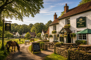 Country pub in the New Forest with ponies and woodland setting