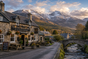 Traditional Highland pub in the Cairngorms National Park with mountain scenery