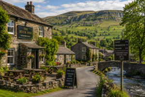 Traditional Yorkshire Dales pub surrounded by rolling countryside and limestone hills