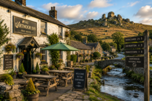 Traditional Dartmoor pub surrounded by moorland and granite tors