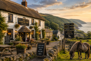 Traditional Exmoor pub overlooking the coastline and countryside of Exmoor National Park