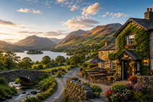 Lake District National Park with traditional countryside pub overlooking a scenic lake and mountains