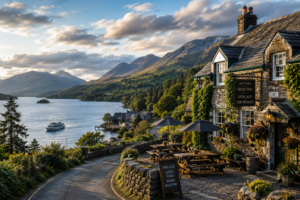 Loch Lomond and The Trossachs National Park with traditional Scottish pub overlooking a loch and mountains