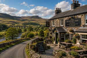 Northumberland National Park with traditional country pub surrounded by rolling hills and countryside