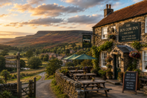 North York Moors National Park with traditional Yorkshire pub overlooking rolling moorland
