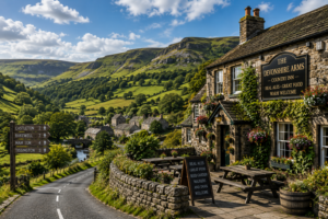 Peak District National Park with traditional country pub overlooking rolling hills and limestone valleys