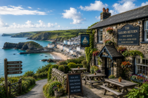 Pembrokeshire Coast National Park with traditional coastal pub overlooking the Welsh coastline