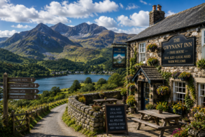 Snowdonia National Park with traditional Welsh pub overlooking mountains and lakes