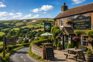 South Downs National Park with traditional country pub overlooking rolling chalk hills
